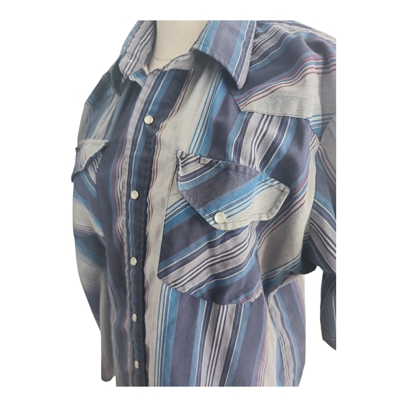 Rock Creek Ranch Western Pearl Snap Shirt Blue Stripe Short Sleeve Size Large - Picture 2 of 13